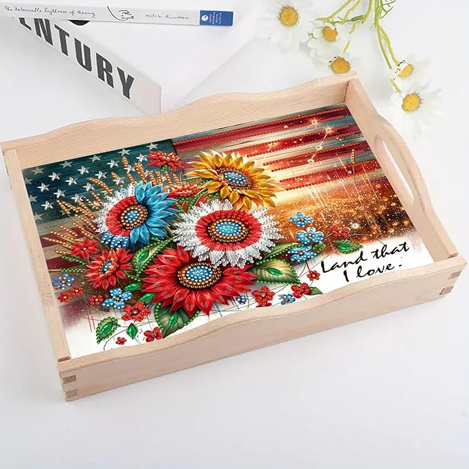 DIY Diamond Art Painting Serving Tray Creative Design Handmade Wooden Rectangular Snack Tray Dinner Plate Drill Craft for Coffee Living Room Home Organizer-USA Sunflower