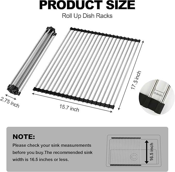 NEZUIBAN Dish Drying Rack with Roll Up and Over Sink for Kitchen,17.5"x15.7",Black