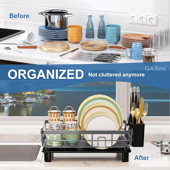 GAXmi Dish Drying Rack with Drainboard for Kitchen Countertop 1-Tier Black | With utensil holder, Over the sink, Quick drainage, Space-saving, Large capacity