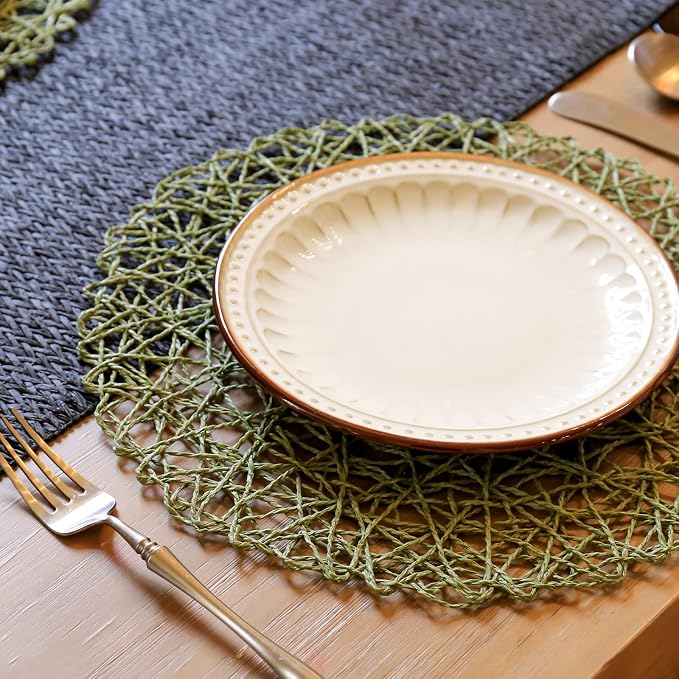 AHHFSMEI Paper Braided Round Placemats Set of 6 Natural Non-Slip Heat Resistant Table Mats for Dining Tables Woven Indoor & Outdoor Place mats(Green)