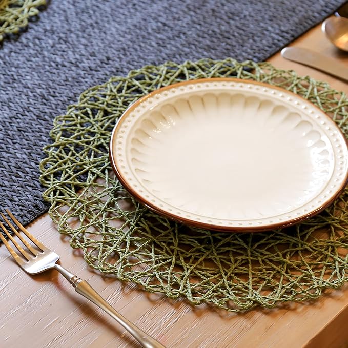 AHHFSMEI Paper Braided Round Placemats Set of 12 Natural Non-Slip Heat Resistant Table Mats for Dining Tables Woven Indoor & Outdoor Place mats(Green,12)