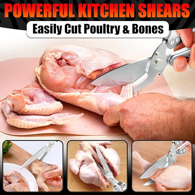 Heavy Duty Poultry Shears – Kitchen Shears Dishwasher Safe, Spring-Loaded, 3Cr14 Steel, Micro-Serrated, Separates for Easy Cleaning | Bone Scissors for Chicken, Turkey, Seafood & Fish Scale (Silver)