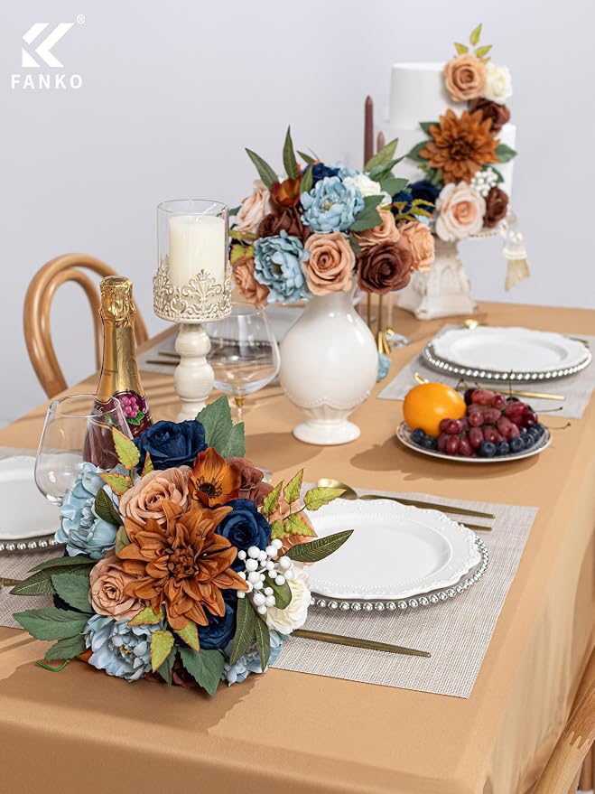 FANKO Artificial Flowers for DIY, Navy Blue Brown Peach Faux Flowers Bouquet, Colorful Fake Rose Peony Poppy Silk Flowers for Vase, Home Decor, Garland, Summer Wedding, Birthday, Party