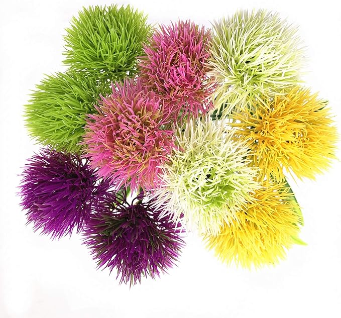 CATTREE Artificial Dandelion Flowers 5 Color x 2pcs Purple Pink White Green Yellow - Total 10 Pcs. Plastic Plants Shrubs Bushes Fake Grass Wedding Indoor Outdoor Home Garden Decoration Planter Filler