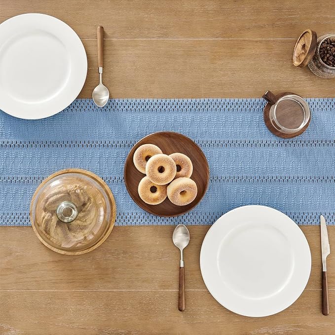 Niviy Boho Table Runner for Blue Tassel Home Decor 108 Inches Long, Modern Farmhouse Decor Rustic Macrame Cotton Linen Woven Coffee Table Runners for Dining Table Decoration, Blue