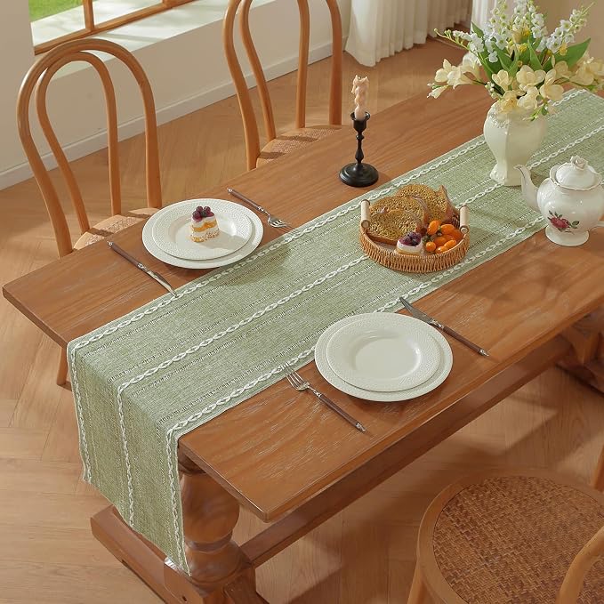 Niviy Sage Green Boho Cotton Linen Table Runner, Farmhouse Woven Table Runners Spring Holiday Kitchen Dining Table Decoration for Home Party Decor 13 x 72