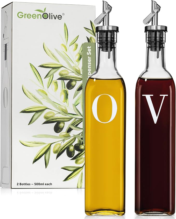 GREENOLIVE Olive Oil and Vinegar Dispenser Set - 17 oz. Glass Bottles with No-Drip BPA-Free Spouts - Stylish O and V Identifiers for Kitchen and Dining Use - Set of 2