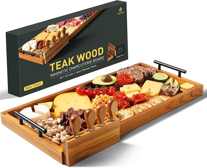 24" Teak Wood Large Charcuterie Tray with Handles, Extra Long Wooden Serving Cheese Boards 05