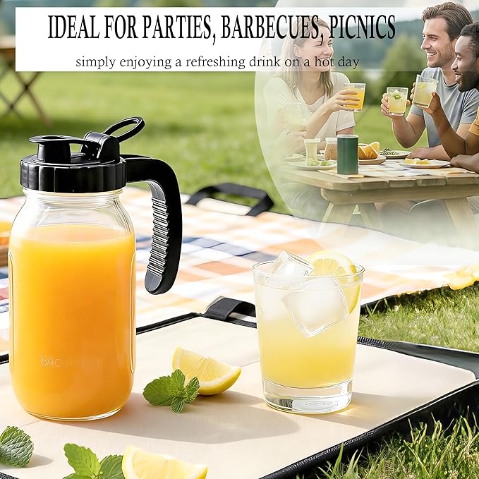 Glass Mason Jars Pitcher Half Gallon With Pour Spout Lid (2 Set) 2 Quart Wide Mouth Fridge Breast Milk Pitcher Airtight Leak Proof 64 oz Jug With Top Flip Cap For Cold Brew Coffee, Iced Tea, Beverage