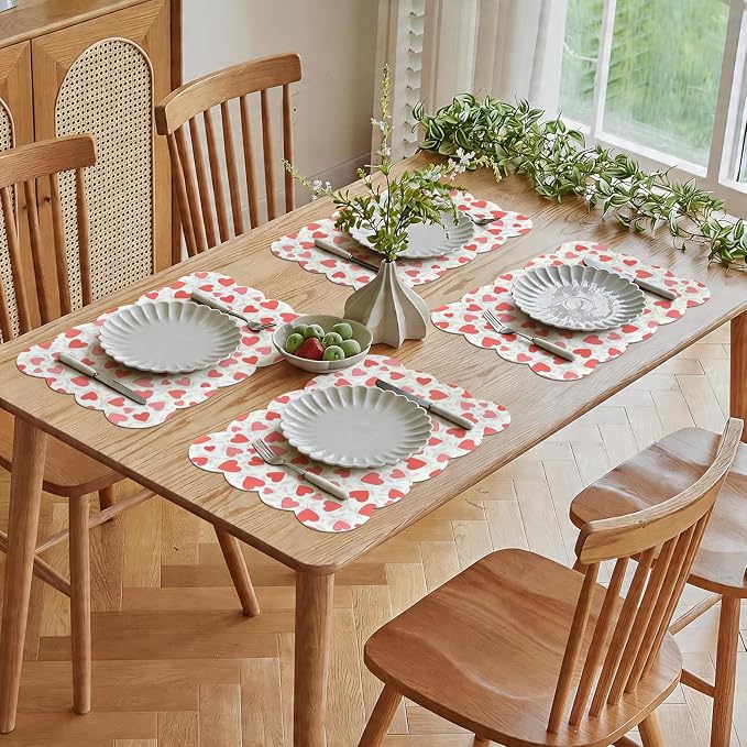 Vinyl Placemats Set of 4-12x17 Inch - Heat Resistant Washable Place Mats Waterproof Non-Slip Wipeable Table Mats for Dining Table Decor, Indoor/Outdoor Plastic Love Mat.