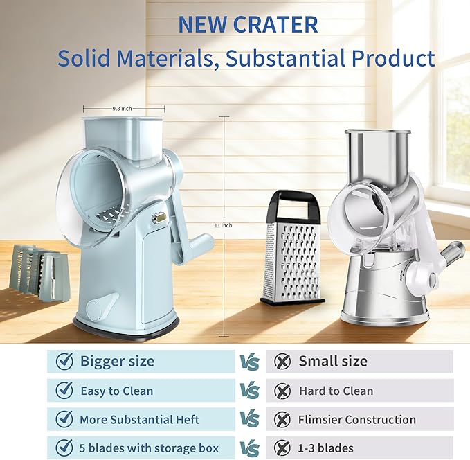 Rotary Cheese Grater with Handle - Compact Multi-Function Vegetable Shredder with 5 Sharp Blades & Strong Suction Base, Easy to Use Round Mandoline Slicer for Kitchen, Cooking, Camping & Travel