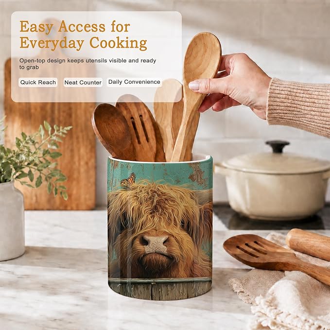 Highland Cow Utensil Holder for Countertop,Sunflower Butterfly Ceramic Utensil Crock Organizer for Home Kitchen Spoons,Spatulas and Cooking Tools