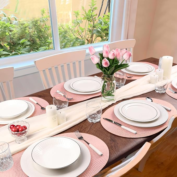 AHHFSMEI Placemats Set of 6 for Dining Table Washable Woven Non-Slip 18x12 inches Placemat Heat-Resistant Durable Table Mats for Dining Table Easy to Clean(Pink)