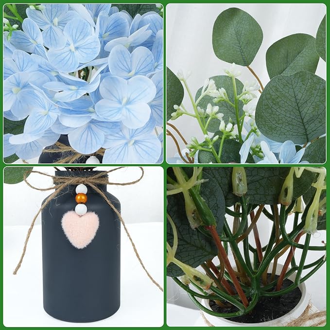 Artificial Hydrangea Flowers in Mason Jar Vase, Set of 3 Faux Hydrangea and Eucalyptus Arrangements, Pre-Arranged Farmhouse Table Centerpieces for Kitchen, Dining Room, Office Decor
