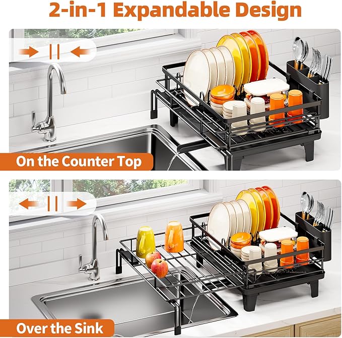 Urackify Dish Drying Rack - Extendable Dish Drainer, Large Dish Racks for Kitchen Counter, Rustproof Dish Strainer with Utensil Holder, 12.3"-20.5" L x 15" W, Pure Black