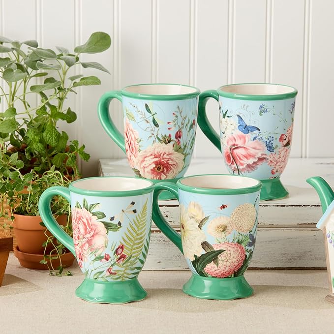 Flora Set of 4 Pedestal Mugs – 16-Ounce Ceramic Mugs with Vibrant Floral, Butterfly, and Dragonfly Designs, Durable Tableware for Coffee, Tea, and Hot Beverages