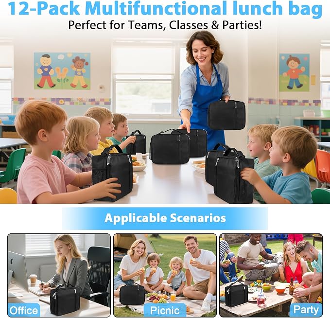 VZZNN 12 Pack Lunch Box Lunch Bags, Insulated Reusable Tote for Adults Men & Women - Leakproof Cooler Bag for Work, Office, Picnic & Travel (Black)