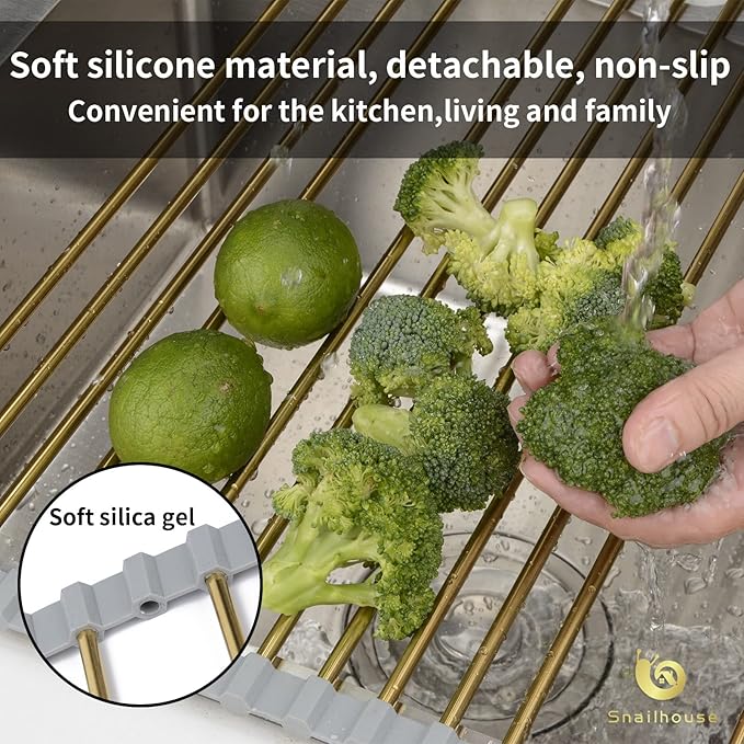 Snailhouse Roll Up Dish Drying Rack, Stainless Steel Dish Drainer Over The Sink with Anti-Slip Silicone for Kitchen Counter, Gold (17.8 x 15.7 in)