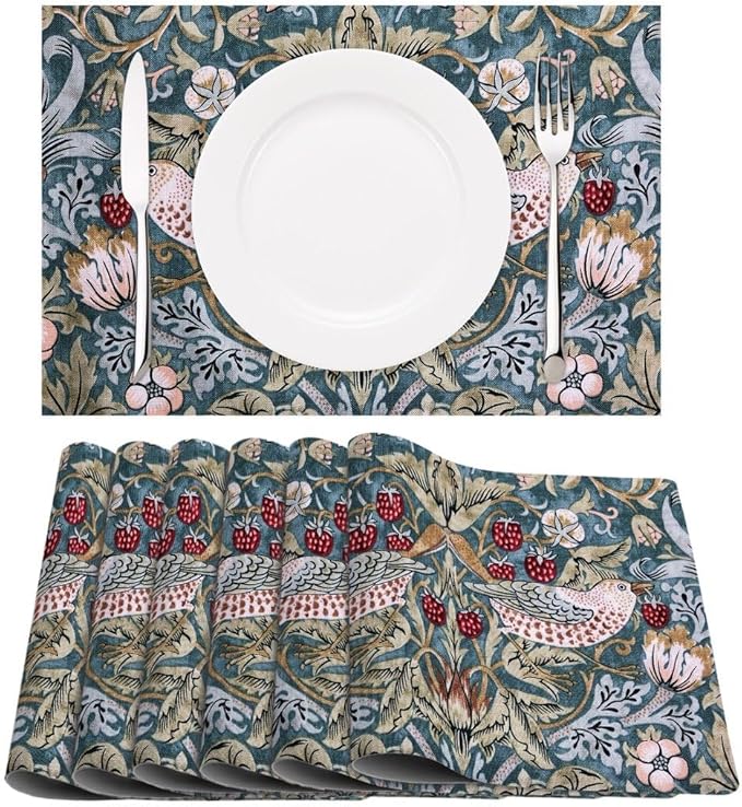Floral Bird Strawberry Placemats Set of 6 Vintage William Morris Washable Heat Resistant Place Mats for Dining Table Mid Century Modern Anthropologie Linen Woven Wipeable Kitchen Table Mat