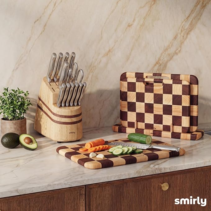 SMIRLY Wooden Cutting Boards for Kitchen, Double-Sided Cutting Board with Handle, Heavy Duty Solid Rubber Wood Cutting Board Set with Stand, 3 Pcs Cutting Boards Non Toxic for Meat Vegetable Fruit