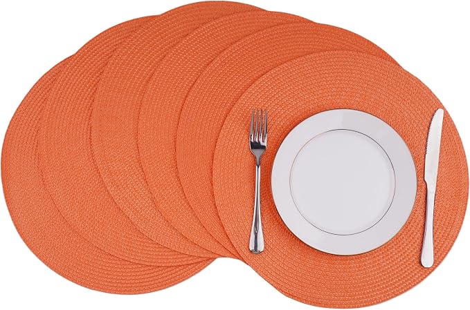 Round Braided Placemats Set of 6 Washable Easy to Clean Place Mats for Dining Tables Woven Non-Slip Heat Resistant Table Mats 15 Inch (Orange)