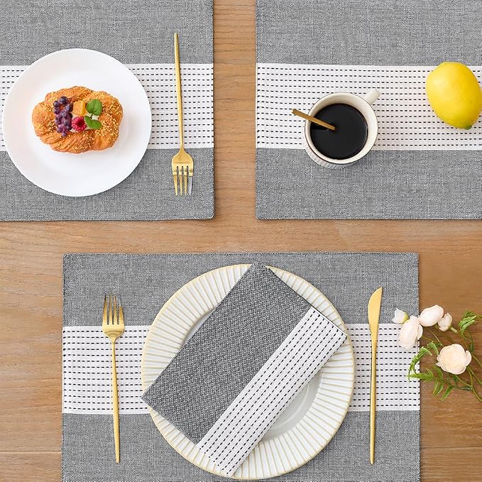 Wracra Linen Placemats Set of 4, Black Macrame Place Mats for Kitchen Table | Stripe Placemats 12 x 18 Inch; Heat Resistant Table Mats; Premium Cotton Linen Woven Fabric; Delicate Splicing Designs