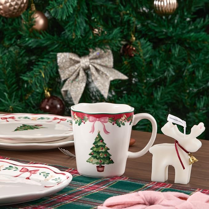 Bico Ribbon Christmas Scalloped Ceramic Mug Set of 4, Christmas Coffee Mugs, 15oz Holiday Cups for Tea, Cocoa, or Hot Drinks, Microwave & Dishwasher Safe