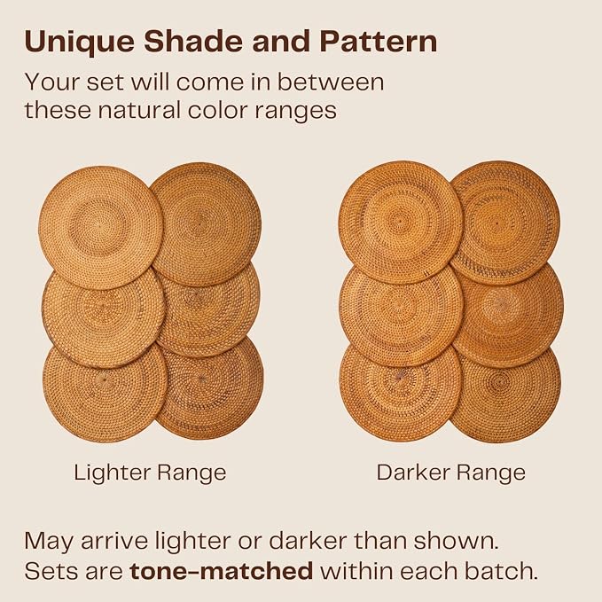 6-Pack Rattan Placemats - 13-inch Round Placemats (Smoky Brown) - Smoked-Cured Woven Place Mats, Round Table Mats - Wicker Chargers for Dinner Plates, Plate Chargers Boho - Kitchen Table Decor
