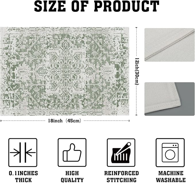 Gray Sage Green Boho Placemats Set of 6 Ethnic Bohemian Carpet Place Mats Washable Kitchen Dining Vintage Grey Geography Floral Linen Table Mats Stain Heat-Resistant for Home Party Indoor 12x18 in