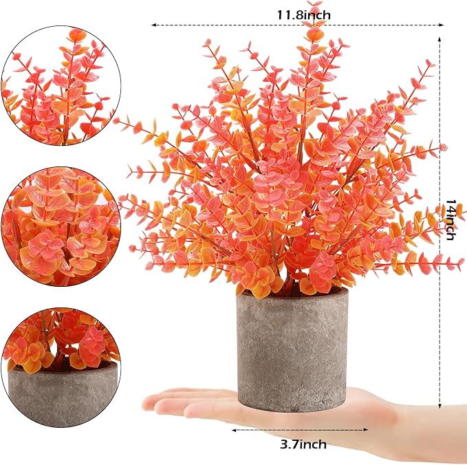 Coferset 2 Pack Fall Small Fake Plants 14" Eucalyptus Potted Artificial Plants Fall Decorations for Home Shelf Office Bathroom Desk Farmhouse Room Coffee Table Decor Fall Decor (Fall Orange-Large)