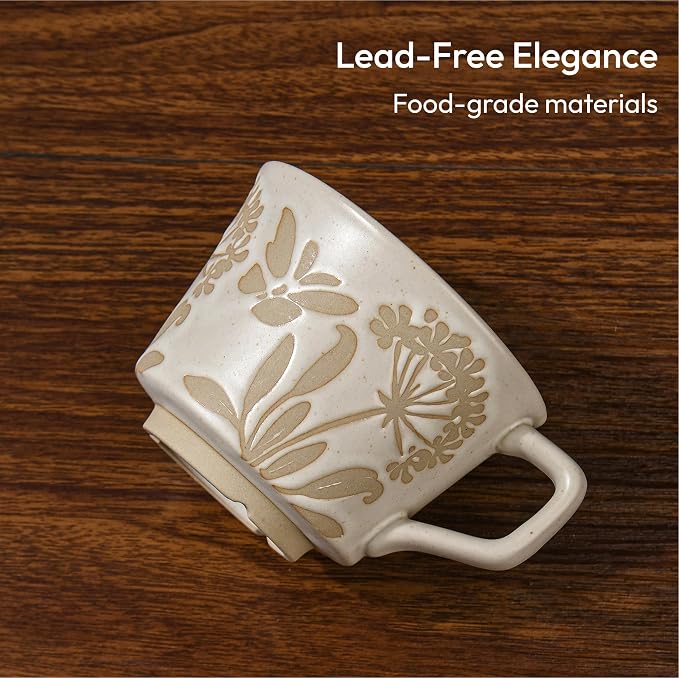 Ceramic Coffee Mug, 11 oz Small Novelty Unique Teacup with Handle, Stoneware Cup for Tea Mocha Latte Cappuccino (Set of 4, Plants)
