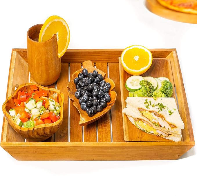 Rainforest Bowls 16"x12" Rectangular Javanese Teak Wood Serving Tray w/Handles- Ultra-Durable, Perfect for Breakfast in Bed, Coffee/Tea, etc- Luxury Custom Design Handcrafted by Indonesian Artisans