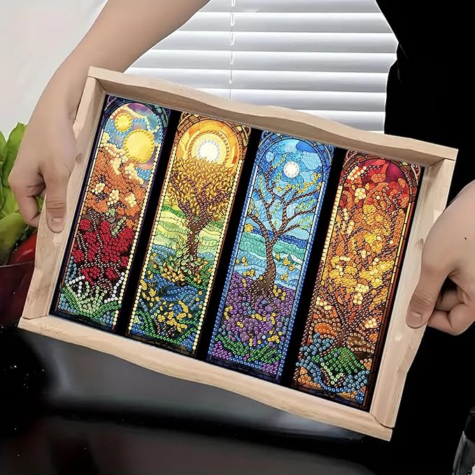 BAYUNOE DIY Diamond Serving Tray Rectangular Breakfast Tray with Handle Handmade Diamond Art Painting Wooden Tray Spring Creative Dinner Plate Coffee Room Living Home Organizer-Four Seasons Scenery
