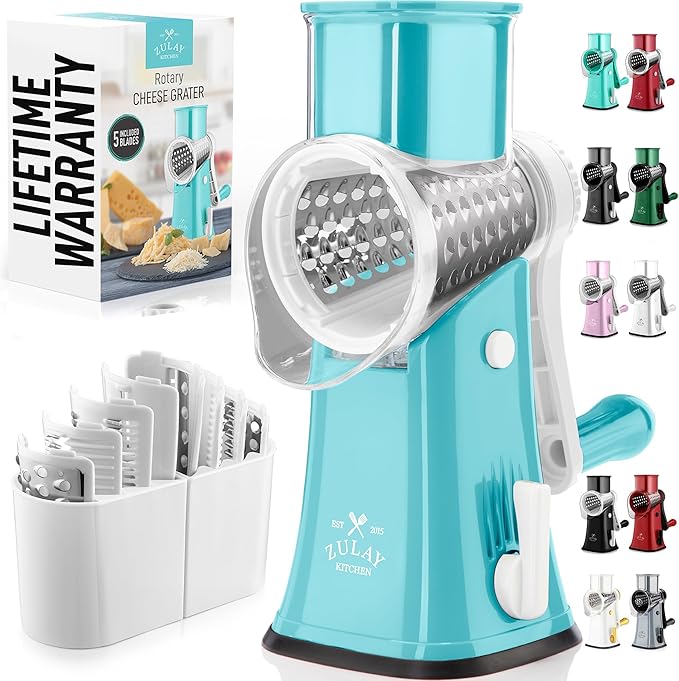Zulay Kitchen Rotary Cheese Grater 5 Blade Cheese Shredder - Manual Hand Crank Cheese Grater With Reinforced Suction & 5 Interchangeable Drums - Easy to Use, Vegetable Chopper Round Mandoline Slicer