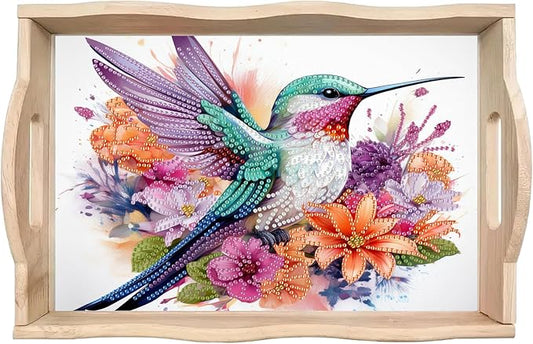DIY Diamond Serving Tray Rectangular Breakfast Tray with Handle Handmade Diamond Art Painting Wooden Tray Spring Creative Dinner Plate Coffee Room Living Home Organizer-Hummingbird02