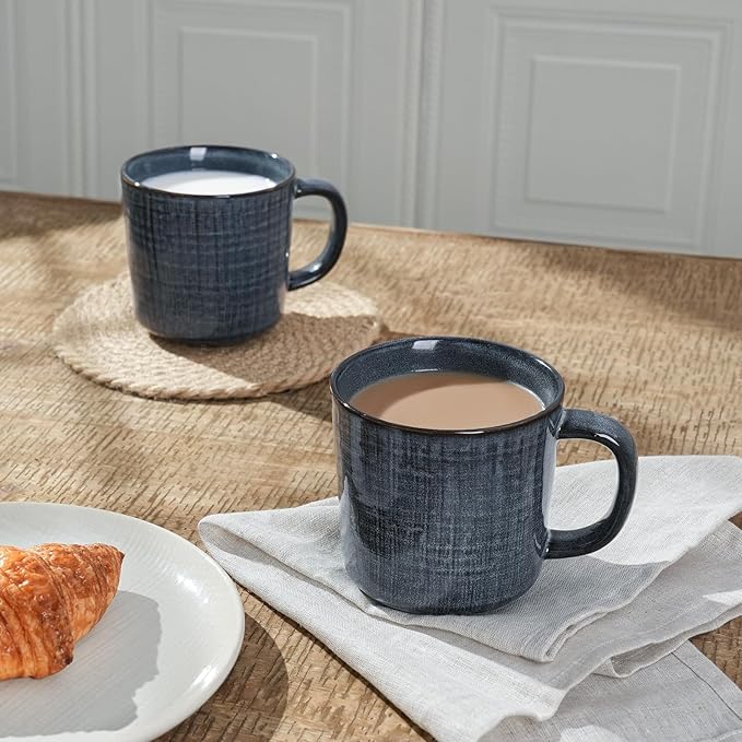 famiware Moonlight Coffee Mug Set of 4, 14oz Mug Set with Linen Finish, Coffee Cup Set with Handle for Latte, Cappuccino, Tea, Hot Cocoa, Microwave and Dishwasher Safe, Dark Blue