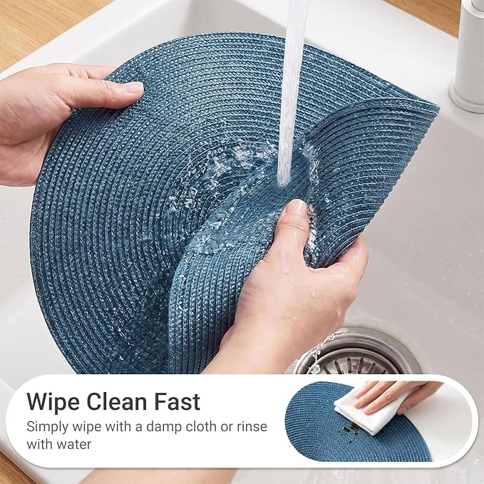 FunWheat Round Braided Placemats Set of 4 Table Mats for Dining Tables Woven Washable Non-Slip Place mats 15inch (Blue, 4pcs)