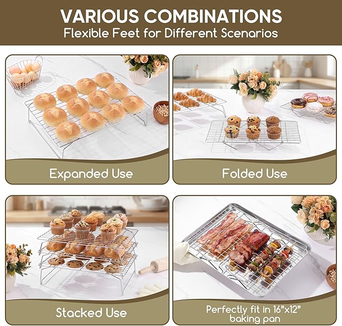 Herogo 15" x 10" Cooling Rack, 6-Tier Stainless Steel Baking Rack for Cookies, Cupcakes, and Pastries, Collapsible Space-Saving Design, Dishwasher Safe, Ideal for Baking, Roasting, and Drying