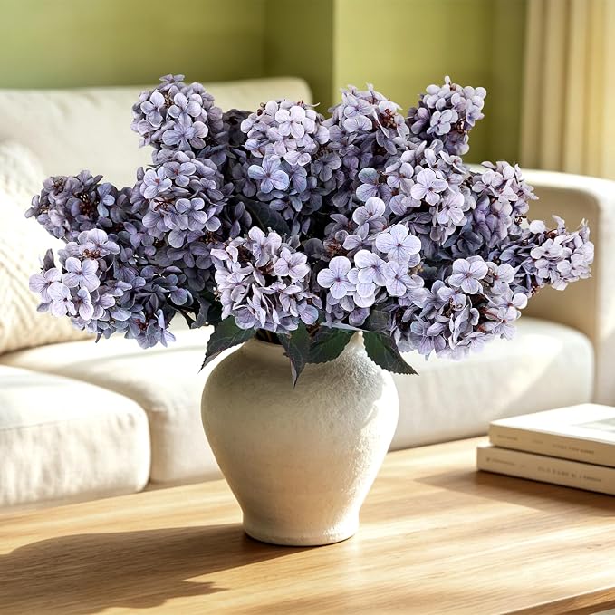 2FT Hydrangea Artificial Flowers - 10 PCS Long Stem Faux Cone Hydrangeas for Tall Vase, DIY Vintage Floral Table centerpieces for Dining Room, and Home Kitchen Decorations - Grayish Purple