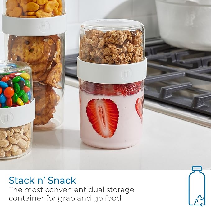 iDesign Recycled Plastic Medium Stack n’ Snack Cabinet and Pantry Storage Canister – 3.66” x 3.66” x 6.4”, Clear/White