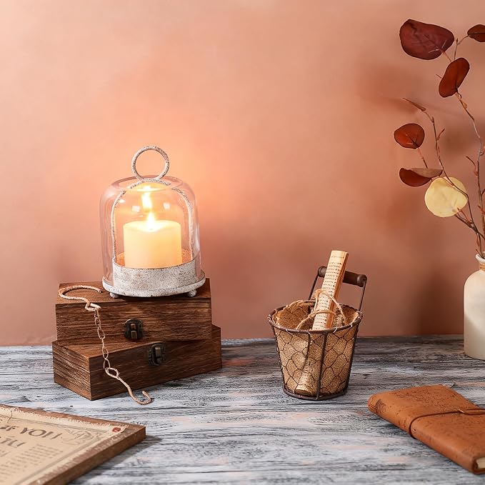 5"x7.5" Versatile Modern Metal Hurricane Lantern with Handmade Sturdy Glass Dome in Vintage White for 3" Pillar Candle & Plants, Industrial, Farmhouse, Shabby Chic