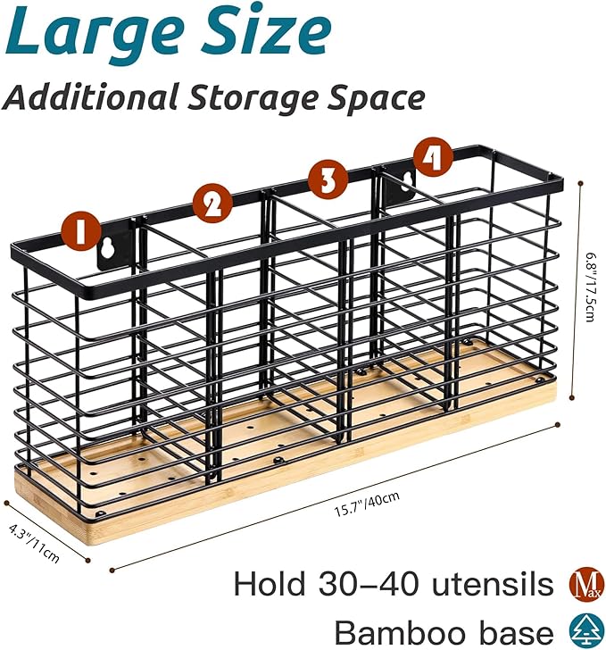 Suli Extra Large Kitchen Utensil Holder Countertop with 4 Compartments,Matte Black Metal holder with Wooden Base for Countertop,Farmhouse Utensil Organizer for counter,Rustic Cooking Utensil Organizer