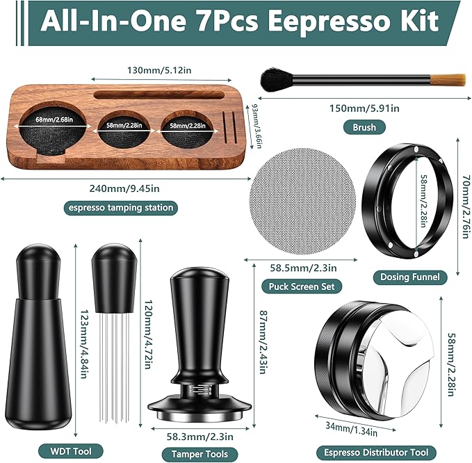 7 Pack Espresso Accessories Kit,58mm Espresso Tool Kit | Espresso Tamping Station | Coffee Distributor Tamper | WDT Tool | Dosing Funnel | Expresso Puck Screen | Christmas Gift for Espresso Lovers
