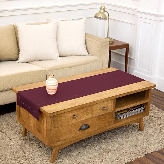 Solino Home Wine Hemstitch Table Runner 60 Inches - Cotton Linen Small Table Runner 14 x 60 Inch Ideal for Dresser and Coffee Tables