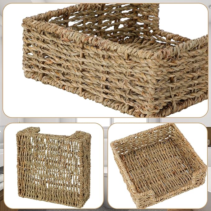 Graciadeco Ratten Napkin Holder for Table, Square Seagrass Serving Tray for Paper Napkins Kitchen Restaurant Dinner Wicker Baskets 7.8" x 7.8" x 2.8"