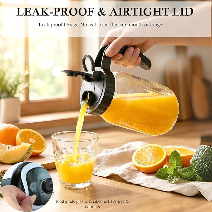 Glass Mason Jars Pitcher Half Gallon With Pour Spout Lid (2 Set) 2 Quart Wide Mouth Fridge Breast Milk Pitcher Airtight Leak Proof 64 oz Jug With Top Flip Cap For Cold Brew Coffee, Iced Tea, Beverage