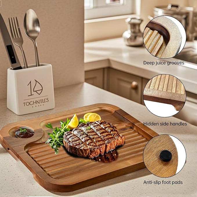 Acacia Wood Steak Plates,Carnivore Cutting Board for Eating, Carved Meat Wooden Plate, Food Serving Tray,Cheese Charcuterie Board with Deep Grooves & Hidden Handles