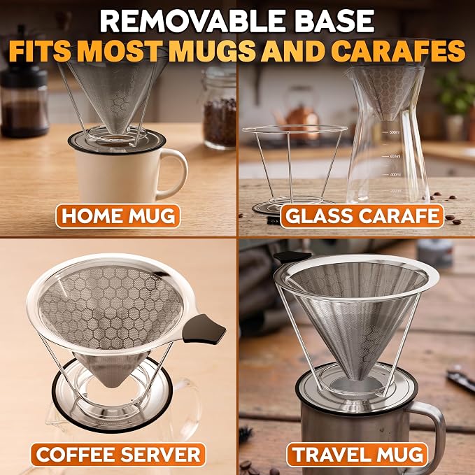 Pour Over Coffee Filter Reusable Stainless Steel - 800 Mesh Dual-Layer Cone Set with Stand and Cleaning Brush - Smooth, Rich Brew, Coffee Dripper Compatible with Hario V60, Chemex Brewers & Most Mugs