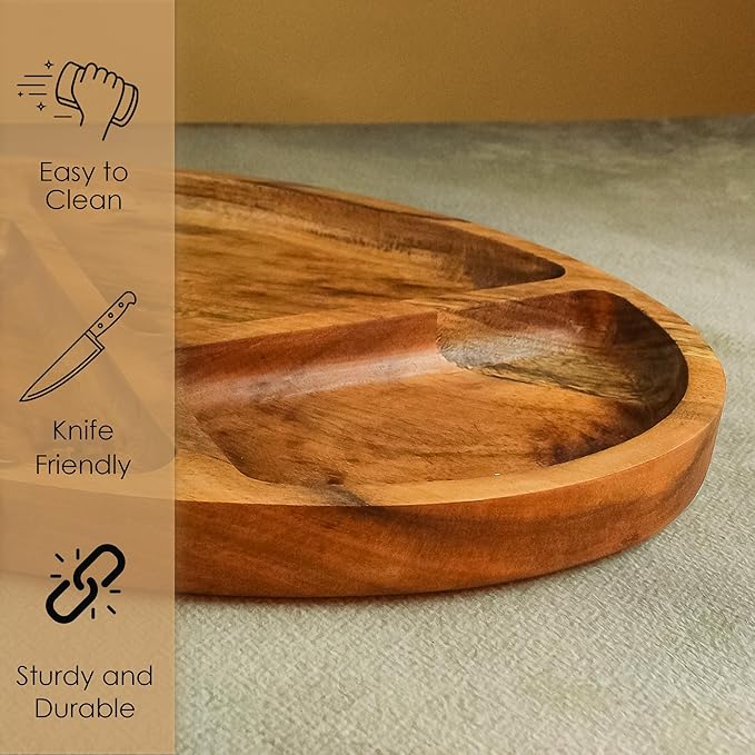 Large Wooden Divided Serving Tray – 16x10 inch Acacia Wood Platter with 4 Compartments for Snacks, Appetizers, Chips and Dips – Rustic Charcuterie Board, Chrsitmas, New Year, Thanksgiving