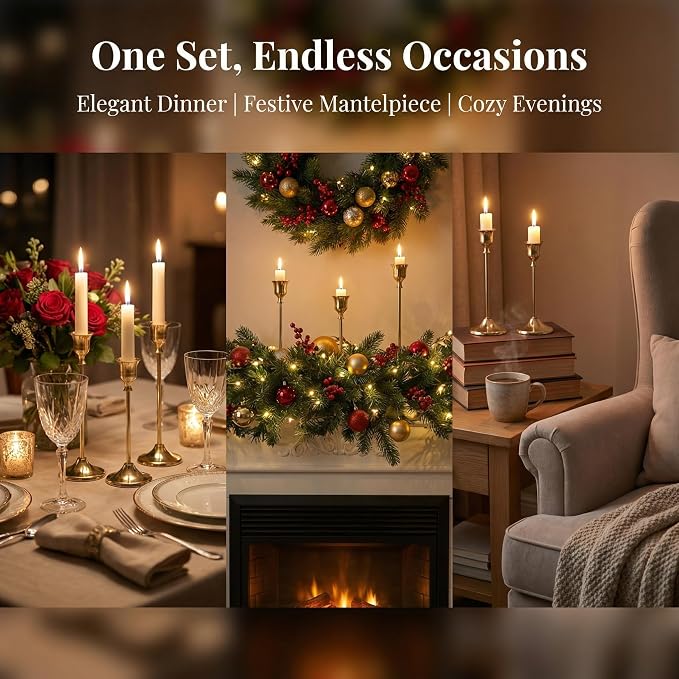 4 Sets(12 Pcs) Brass Tapered Candle Holder,Candlestick Tall Metal Candlestick Holders for Table Centerpiece Home Decor for Wedding Fireplace Mantel Housewarming Gift Fits 3/4 Inch Thick Candles